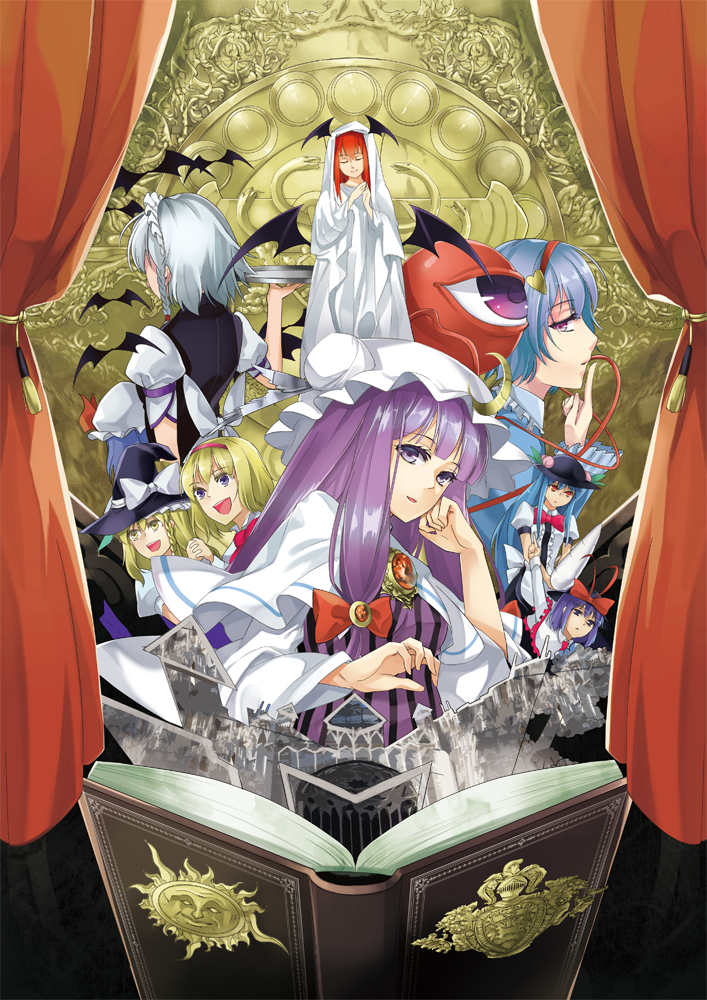alice_margatroid alternate_costume alternate_hair_color bat black_eyes blonde_hair blue_hair book bow braid capelet closed_eyes crescent demon_wings eyes_closed food fruit hair_bow hand_holding hat hat_bow head_wings hinanawi_tenshi holding_hands hood izayoi_sakuya jewelry kirisame_marisa koakuma komeiji_satori leaf long_hair long_sleeves maid maid_headdress multiple_girls nagae_iku open_mouth outstretched_arms patchouli_knowledge peach puffy_sleeves purple_eyes purple_hair red_eyes red_hair redhead remilia_scarlet short_hair short_sleeves side_braid silver_hair single_braid smile third_eye tomasu touhou tray trey violet_eyes wide_sleeves wings witch_hat yellow_eyes