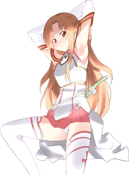 arms_behind_head arumi_(arumi-ke) asuna_(sao) brown_eyes brown_hair detached_sleeves long_hair looking_at_viewer panties simple_background smile solo sword sword_art_online thigh-highs thighhighs underwear weapon white_background white_legwear white_panties