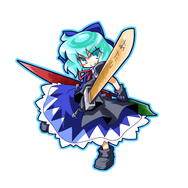 adapted_costume advent_cirno aqua_eyes aqua_hair blue_hair bow chisato cirno dual_wielding gloves hair_bow long_sleeves short_hair smile solo sword touhou weapon white_background wide_sleeves