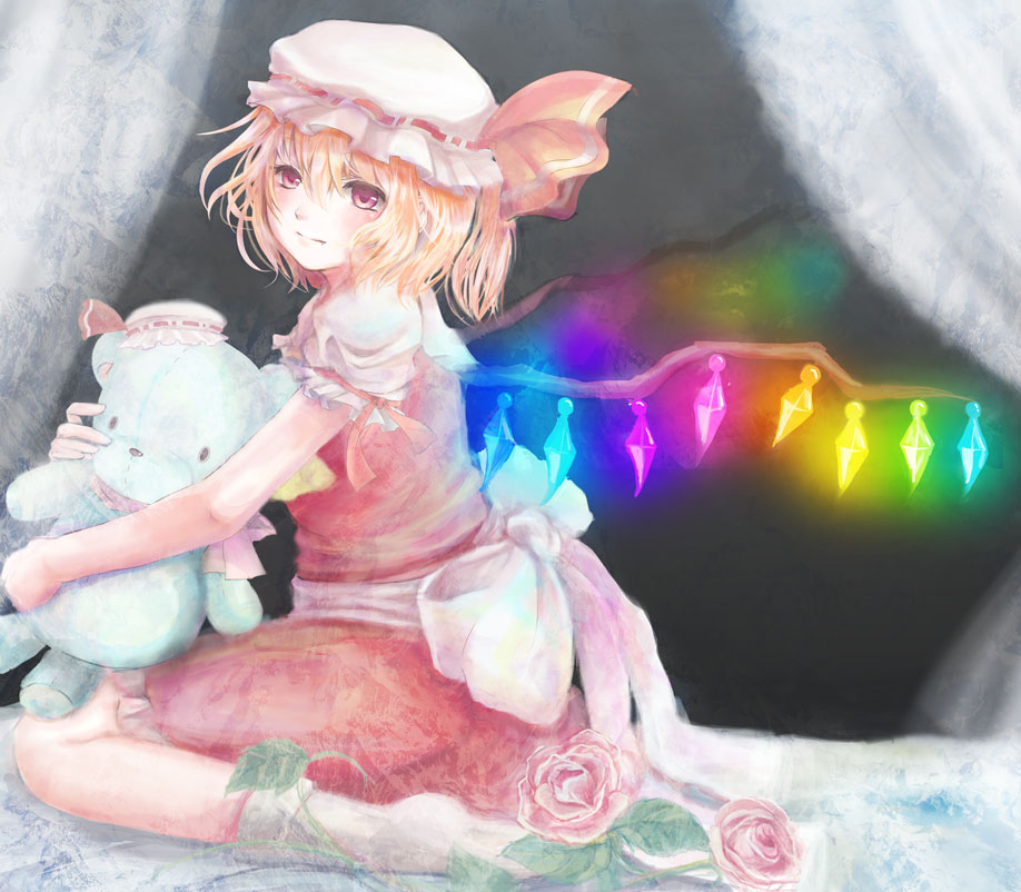 ayanagi blonde_hair crystal fang flandre_scarlet flower glowing hat hat_ribbon kneeling puffy_sleeves red_eyes ribbon rose short_hair short_sleeves solo stuffed_animal stuffed_toy teddy_bear touhou wings