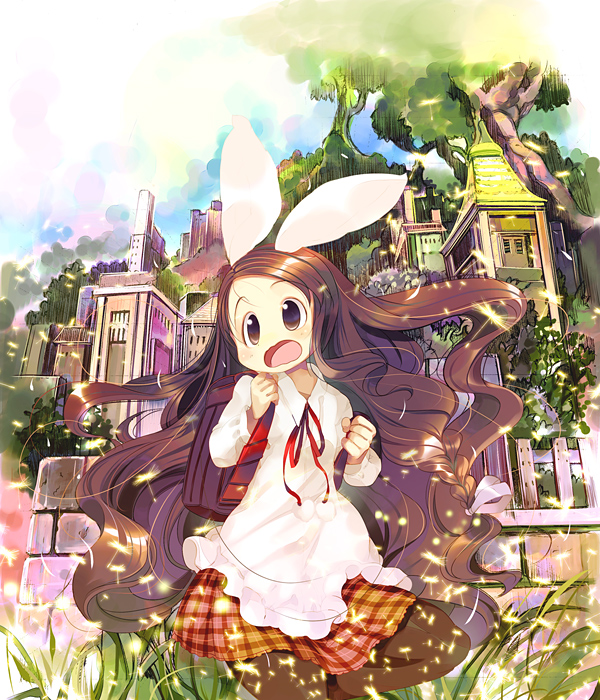 animal_ears backpack bag black_legwear brick_wall brown_eyes brown_hair building bunny_ears fence grass hanpen long_hair open_mouth original pantyhose plaid plaid_skirt rabbit_ears school_bag skirt solo tree