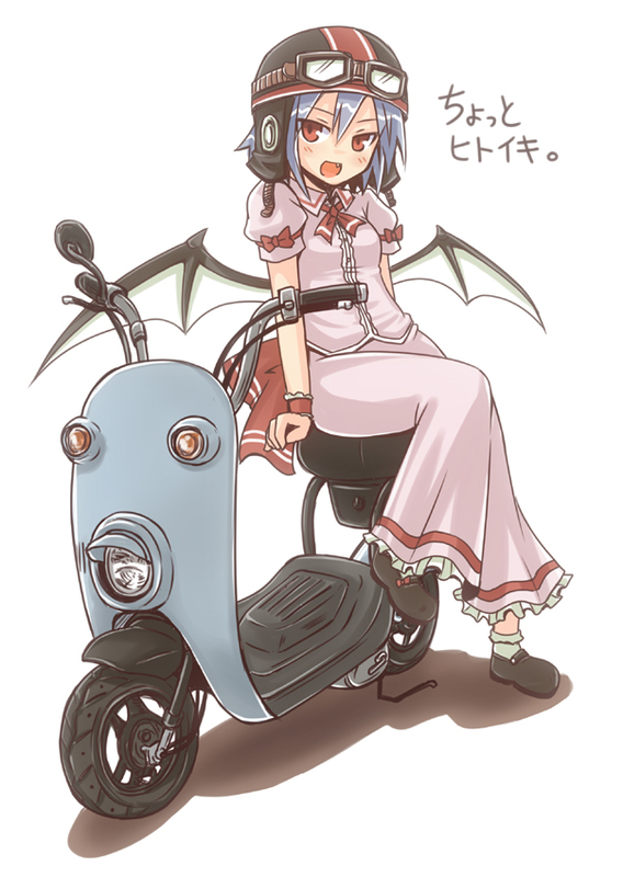 bat_wings blue_hair fang goggles helmet motor_vehicle red_eyes remilia_scarlet rock_heart scooter short_hair sitting solo touhou vehicle wings