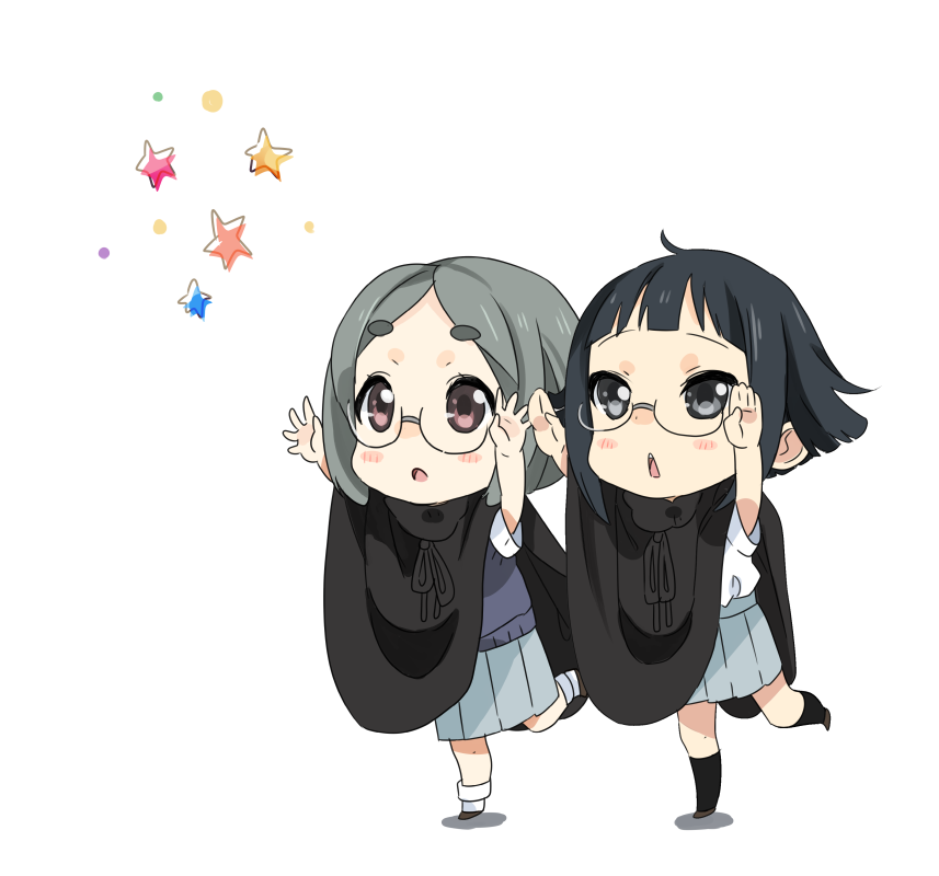 arms_up black_eyes black_hair brown_eyes chibi cloak extra eyebrows glasses grey_hair k-on! multiple_girls occult_club_(k-on!) short_hair sunameri_oishii