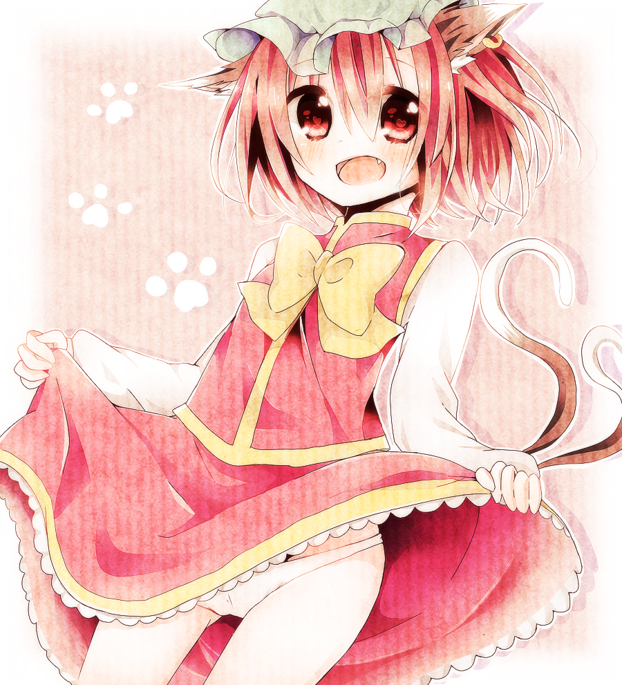 animal_ears blush bow cat_ears cat_tail chen earrings fang hat jewelry long_sleeves mitoki_6x6 multiple_tails open_mouth panties red_eyes red_hair redhead short_hair solo tail touhou underwear white_panties