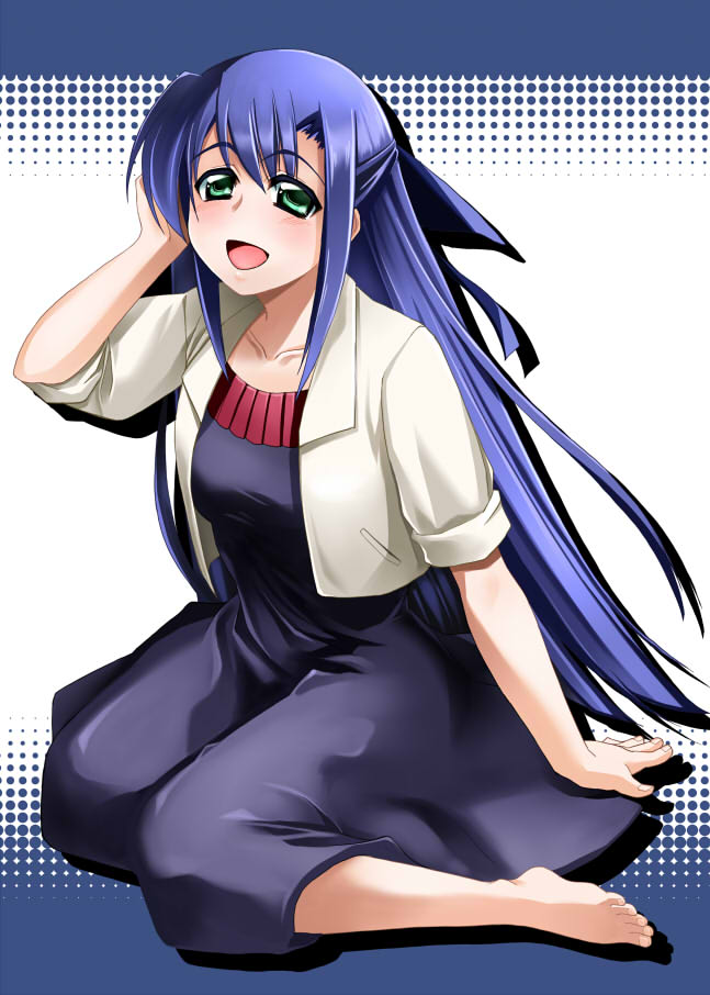 1girl barefoot dress ginga_nakajima green_eyes hair_ribbon long_hair lyrical_nanoha mahou_shoujo_lyrical_nanoha_strikers open_mouth purple_hair ribbon solo very_long_hair