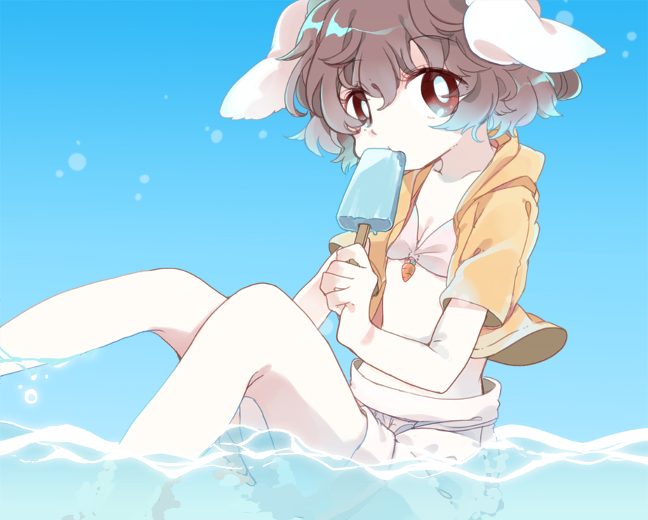 animal_ears bikini black_hair blush bunny_ears carrot chachi_(azuzu) hoodie inaba_tewi midriff open_mouth popsickle popsicle rabbit_ears short_hair sitting solo swimsuit touhou water wet