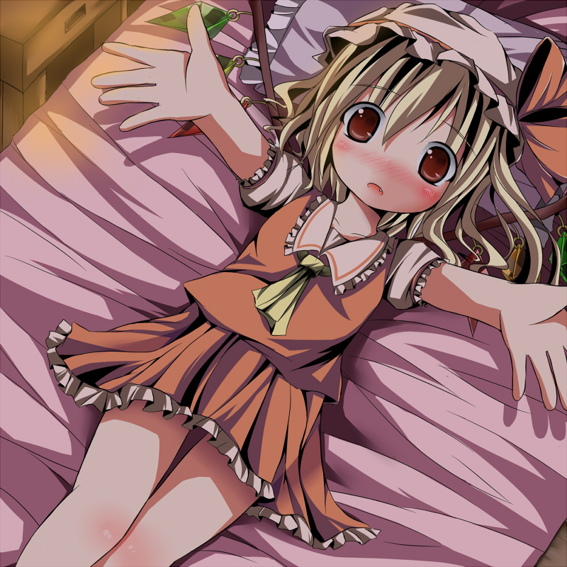 ascot bed blonde_hair blush fang flandre_scarlet hat kazura on_back open_mouth outstretched_arms pillow red_eyes skirt solo touhou wings