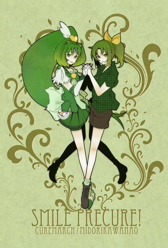 bike_shorts bokosuke bowtie brooch character_name cure_march dress dual_persona green green_background green_dress green_eyes green_hair hand_holding holding_hands jewelry long_hair magical_girl midorikawa_nao multiple_girls ponytail precure shirt shoes short_hair shorts shorts_under_skirt skirt smile smile_precure! symmetry title_drop tri_tails