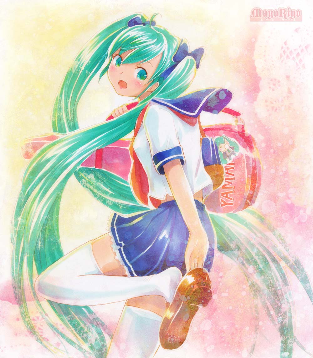 aqua_eyes aqua_hair hatsune_miku mayo_riyo putting_on_shoes school_uniform serafuku shoe_dangle solo thigh-highs thighhighs traditional_media twintails vocaloid zettai_ryouiki