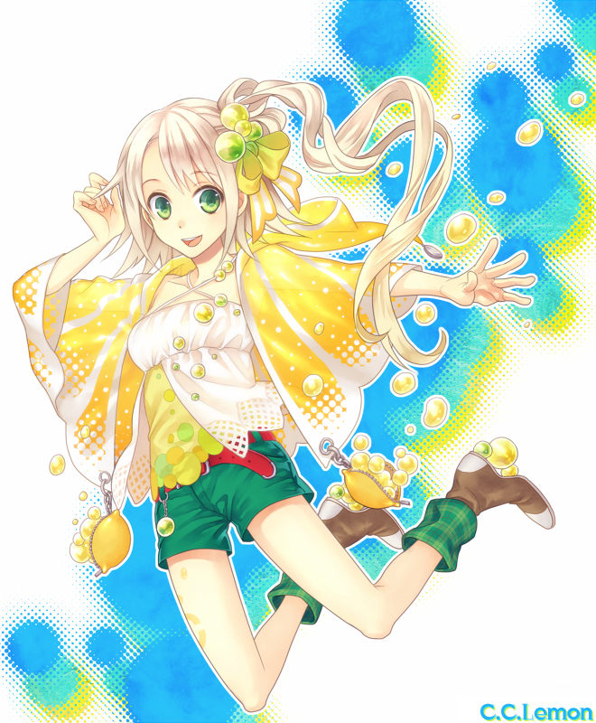 :d belt bubble c.c._lemon c.c._lemon_(character) character_name green_eyes hair_bobbles hair_ornament looking_at_viewer open_mouth outstretched_arm shorts side_ponytail silver_hair smile solo title_drop yamyom