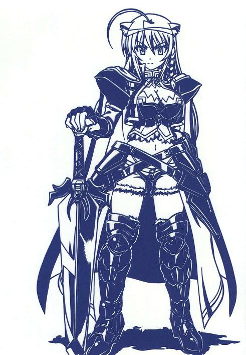 ahoge animal_ears breasts bustier cat_ears cat_tail cleavage dog_days leonmitchelli_galette_des_rois long_hair monochrome nomori_urami shorts solo sword tail weapon