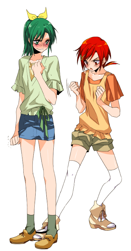 angry blush bow clenched_hand embarrassed green_eyes green_hair green_legwear hair_bow hair_ornament hairclip hino_akane kneehighs midorikawa_nao miniskirt mirror multiple_girls panties precure red_eyes red_hair redhead shorts simple_background skirt smile_precure! socks thigh-highs thighhighs tima trembling underwear white_legwear zettai_ryouiki
