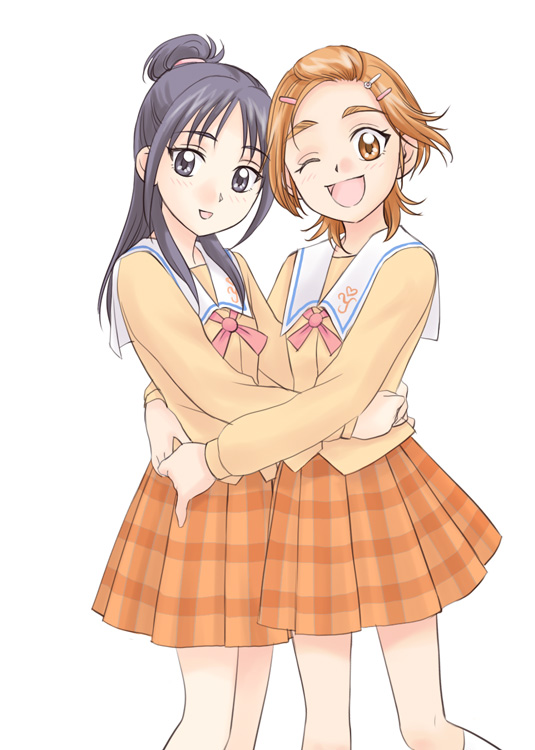 blonde_hair futari_wa_precure_splash_star hair_ornament hairclip happy hug hyuuga_saki long_hair looking_at_viewer mishou_mai multiple_girls open_mouth polorin precure purple_eyes purple_hair short_hair simple_background smile violet_eyes wink yellow_eyes