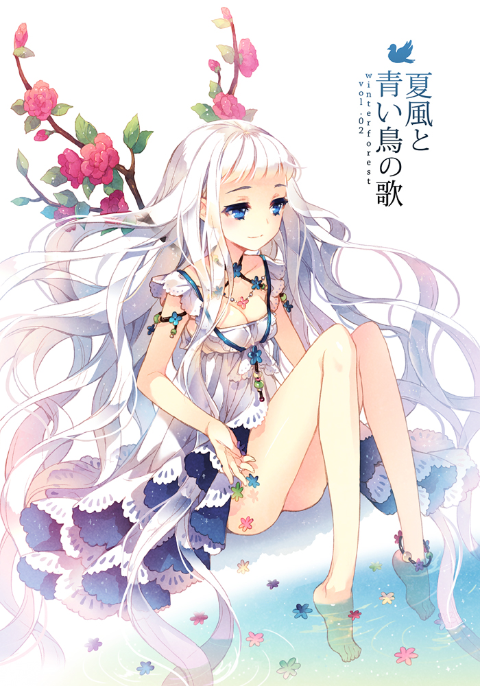 bare_legs barefoot blue_eyes breasts cleavage cover cover_page dress feet feet_in_water flower long_hair original soaking_feet solo tearfish very_long_hair water white_hair