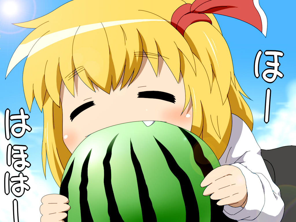 =_= blonde_hair blush closed_eyes eyes_closed fang food fruit hair_ribbon long_sleeves ribbon rumia shirosato short_hair sky solo touhou watermelon