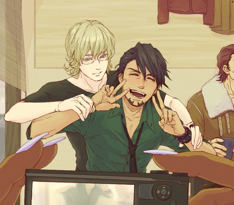 antonio_lopez barnaby_brooks_jr black_hair blonde_hair bracelet camera double_v drunk facial_hair fingernails glasses green_eyes jewelry kaburagi_t_kotetsu male multiple_boys nathan_seymour raku22 stubble tiger_&_bunny v viewfinder watch wristwatch