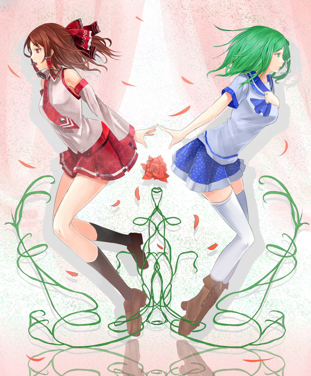 adapted_costume alternate_costume boots bow brown_hair detached_sleeves flower frog_hair_ornament green_eyes green_hair hair_bow hair_ornament hair_tubes hakurei_reimu highres jewelry kochiya_sanae loafers long_hair multiple_girls necklace open_mouth red_eyes red_rose reio_reio rose school_uniform shoes skirt snake symmetry thigh-highs thighhighs touhou white_legwear wide_sleeves zettai_ryouiki