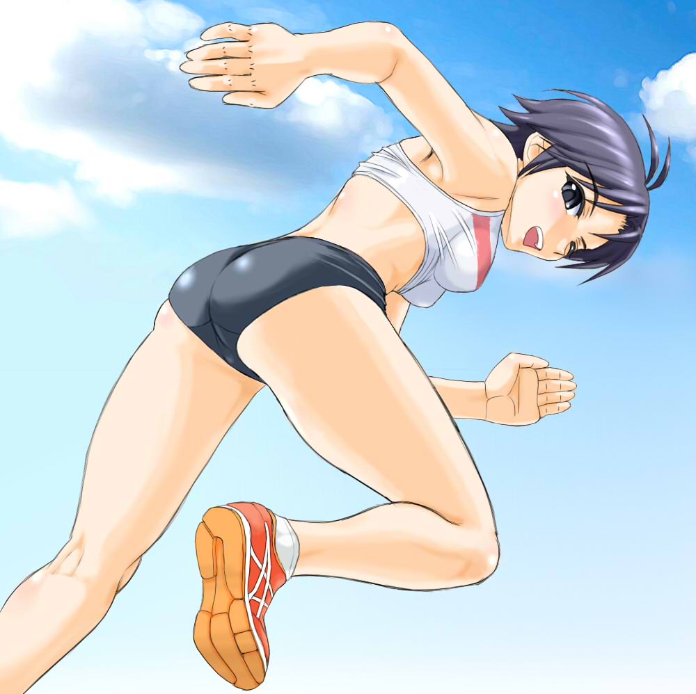 ass back black_eyes black_hair buruma cloud clouds idolmaster kikuchi_makoto looking_back midriff running shimon_mosado shoes sky sneakers sports_bra wink