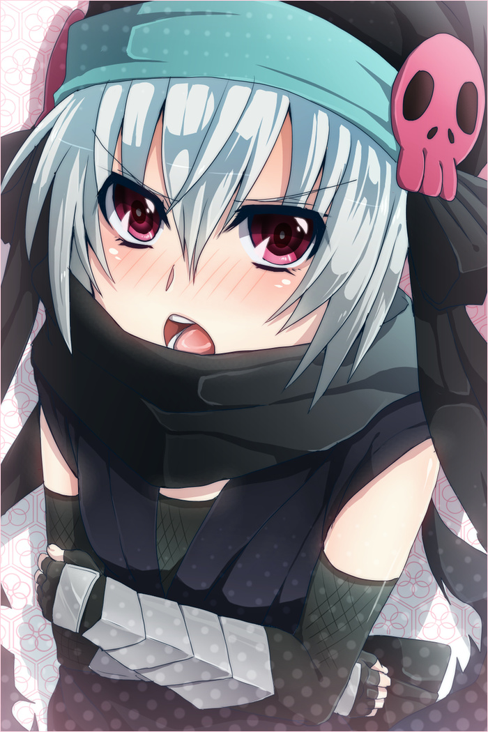 blush hachisuka_goemon hat japanese_clothes kirito_(tundereyuina) looking_at_viewer ninja oda_nobuna_no_yabou open_mouth purple_eyes scarf short_hair skull solo violet_eyes white_hair