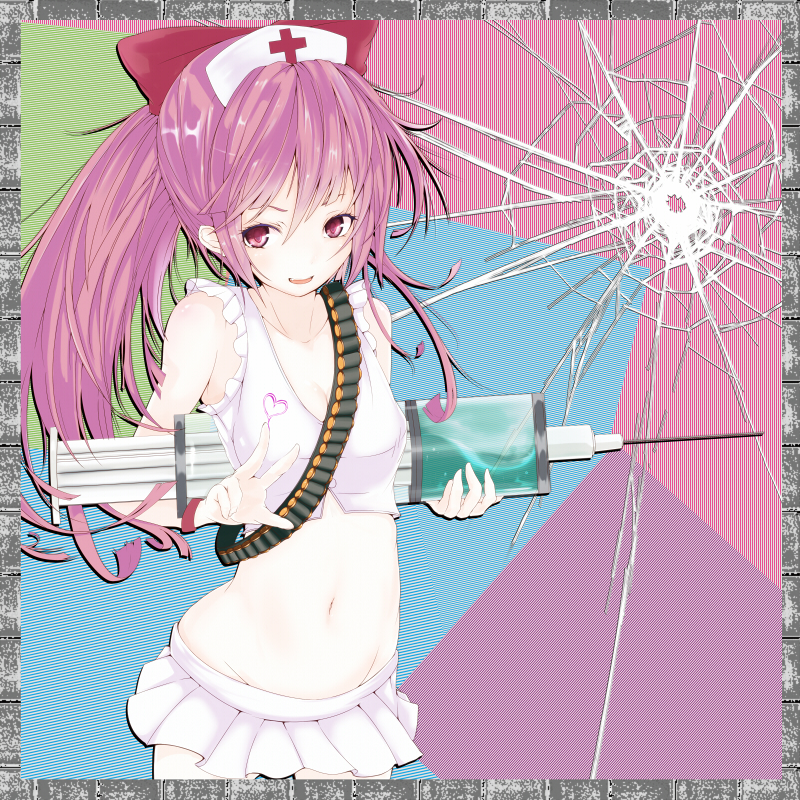 ammunition_belt bandolier bikini bikini_skirt border breasts cleavage frilled_bikini frills hal_(ojou) hat heart holding long_hair mound_of_venus navel nurse_cap original pink_eyes pink_hair ponytail smile solo swimsuit syringe v