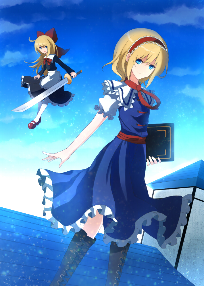 60mai alice_margatroid apron blonde_hair blue_eyes book bow capelet cloud clouds cross-laced_footwear doll hair_bow hairband long_hair open_mouth puffy_sleeves shanghai shanghai_doll short_hair short_sleeves sky smile solo sword touhou weapon