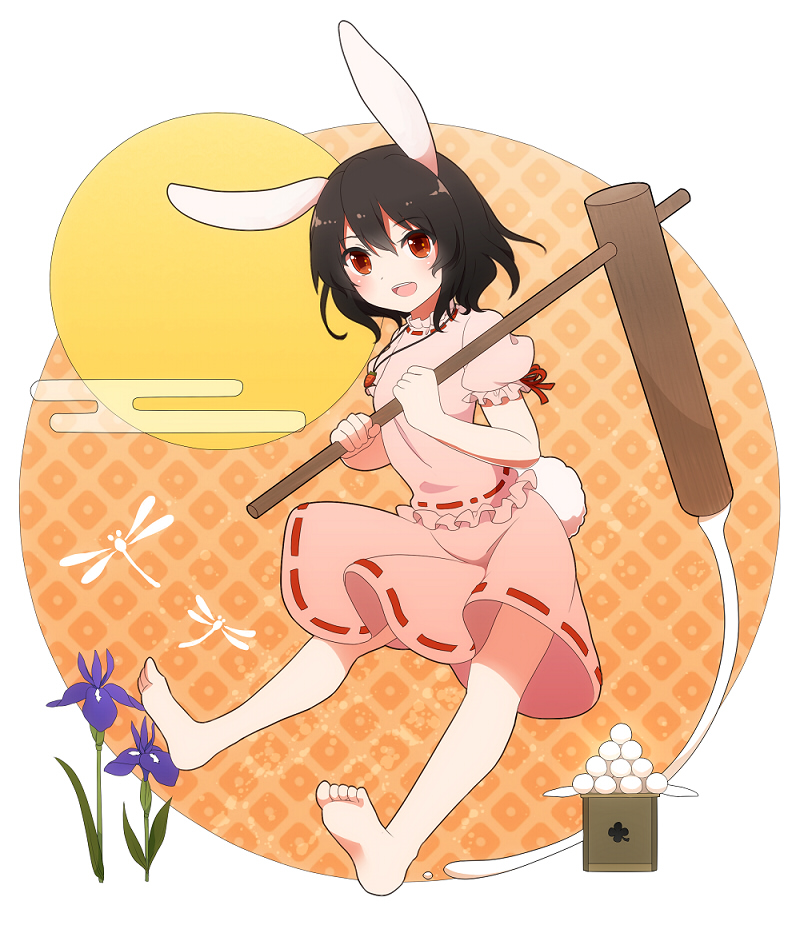 60mai animal_ears barefoot black_hair bunny_ears bunny_tail carrot dragonfly feet flower food full_moon hammer inaba_tewi moon open_mouth puffy_sleeves rabbit_ears red_eyes short_hair short_sleeves solo tail touhou