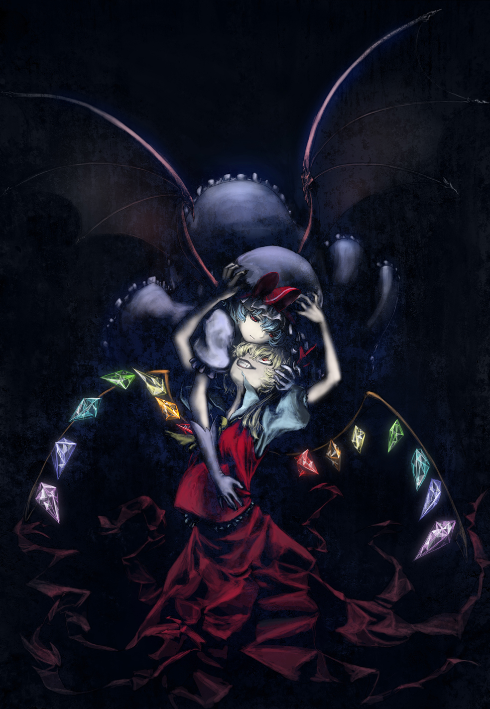 ascot bad_id bat_wings blonde_hair blue_hair crystal flandre_scarlet grin hat hat_ribbon highres kath multiple_girls puffy_sleeves red_eyes remilia_scarlet ribbon short_hair short_sleeves siblings sisters smile touhou wings