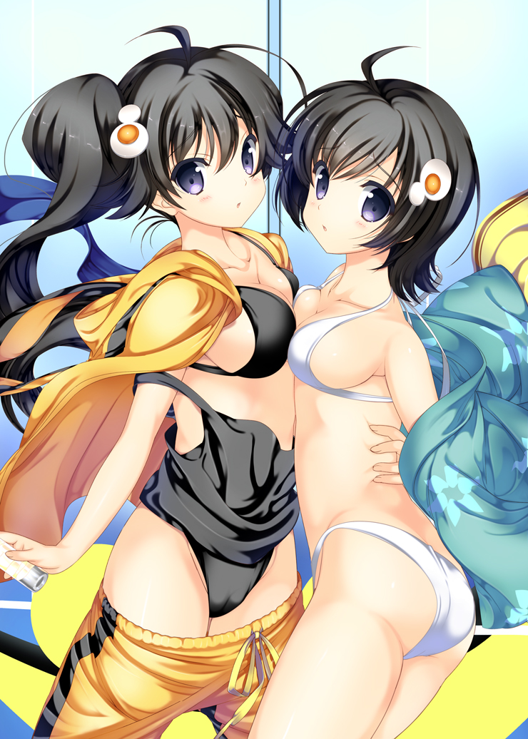 araragi_karen araragi_tsukihi bikini black_hair blue_eyes blush bra breast_press fried_egg hair_ornament hooded_track_jacket hoodie jacket_on_shoulders japanese_clothes kimono kugajou_takaya monogatari_(series) multiple_girls naruse_hirofumi nisemonogatari open_hoodie panties pants_pull panty_pull siblings side_ponytail sisters striped striped_bra striped_panties swimsuit symmetrical_docking tank_top track_jacket track_pants underwear