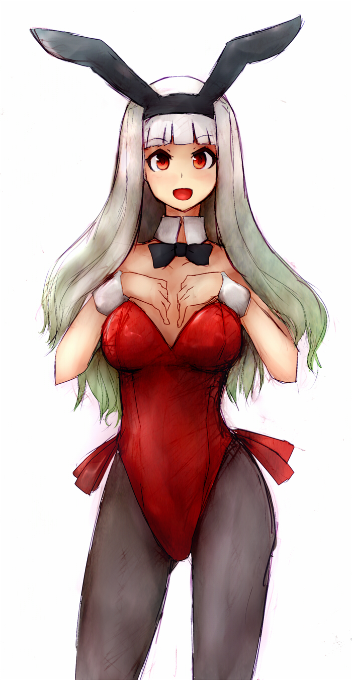 animal_ears bowtie bunny_ears bunnysuit detached_collar hairband hata highres idolmaster long_hair pantyhose rabbit_ears red_eyes shijou_takane silver_hair wrist_cuffs