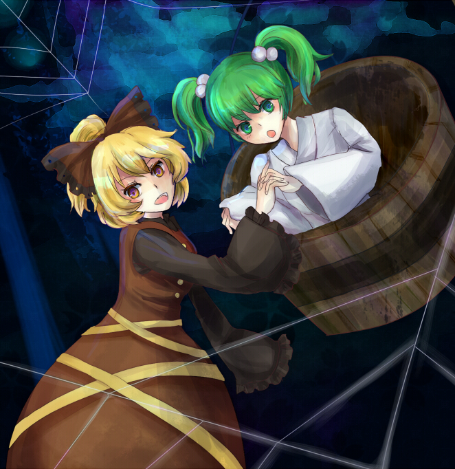 blonde_hair bow bucket green_eyes green_hair hair_bow hand_holding holding_hands in_bucket in_container kisume kurodani_yamame long_sleeves multiple_girls open_mouth ponytail sabuosandayo short_hair touhou twintails wide_sleeves yellow_eyes