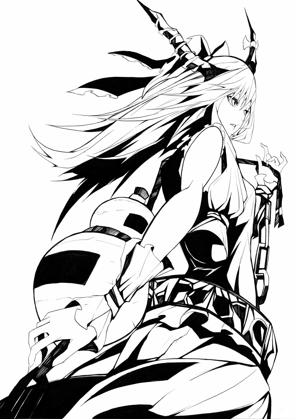 bad_id bow chain chains gourd hair_bow highres horns ibuki_suika long_hair monochrome nib_pen_(medium) sleeveless solo touhou traditional_media wrist_cuffs yutapon