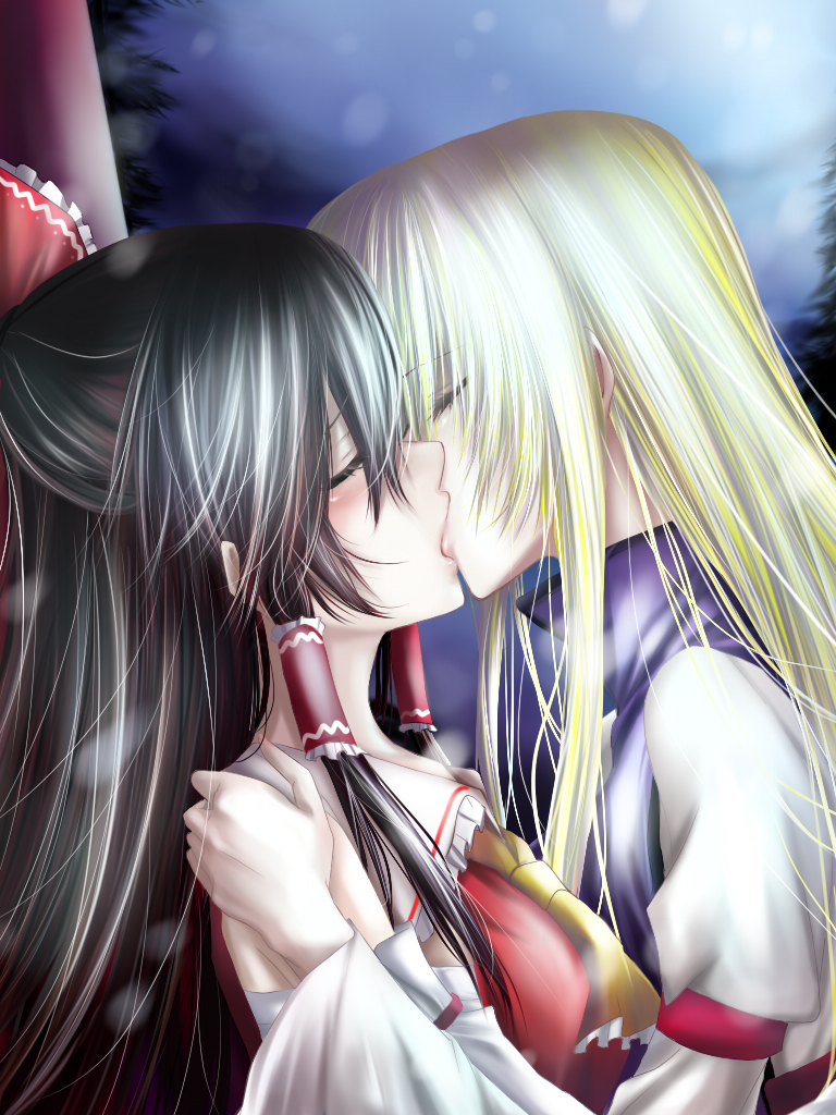 ascot black_hair blonde_hair bow brown_hair closed_eyes detached_sleeves eyes_closed hair_bow hair_tubes hakurei_reimu kiss kuro_ha_(blackfangs) long_hair long_sleeves multicolored_hair multiple_girls mutual_yuri puffy_sleeves touhou wide_sleeves yakumo_yukari yuri