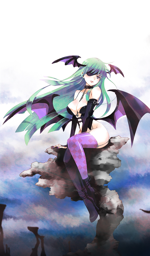 bare_shoulders bat_wings blue_eyes choker demon_girl eyepatch garter_straps green_hair head_wings long_hair morrigan_aensland sitting smallbug solo thigh-highs thighhighs vampire_(game) wind wings