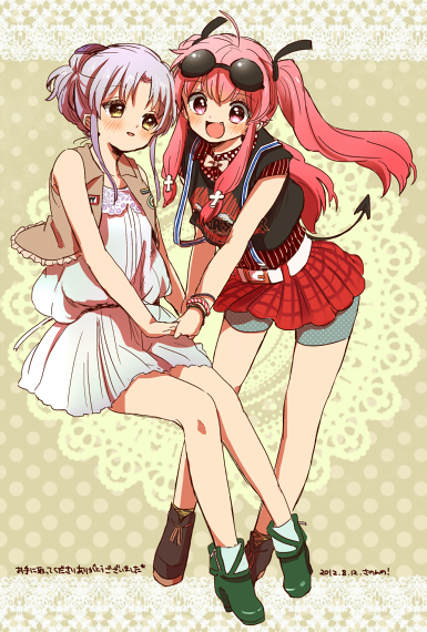 angel_beats! bad_id bike_shorts boots casual demon_tail fang fashion kono_sanorou long_hair pink_eyes pink_hair silver_hair sunglasses sunglasses_on_head suspenders tachibana_kanade tail tenshi_(angel_beats!) twintails vest yellow_eyes yui_(angel_beats!)
