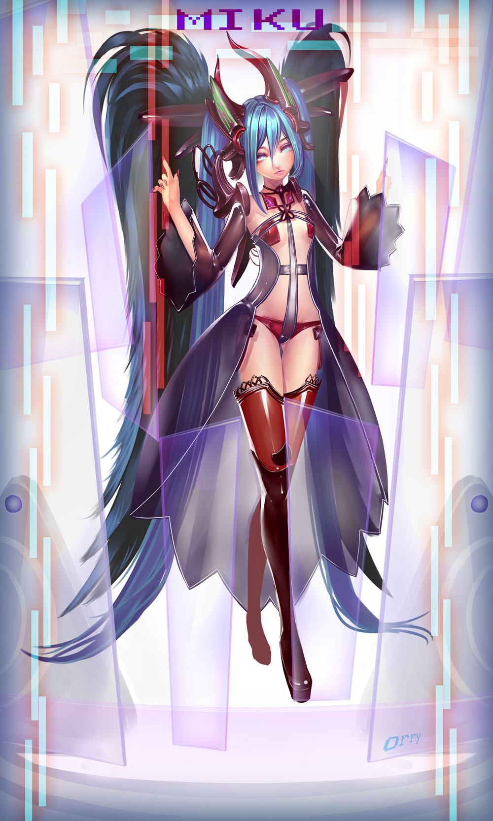 aqua_eyes aqua_hair boots character_name detached_sleeves hatsune_miku highres long_hair orry solo thigh-highs thigh_boots thighhighs twintails very_long_hair vocaloid wings