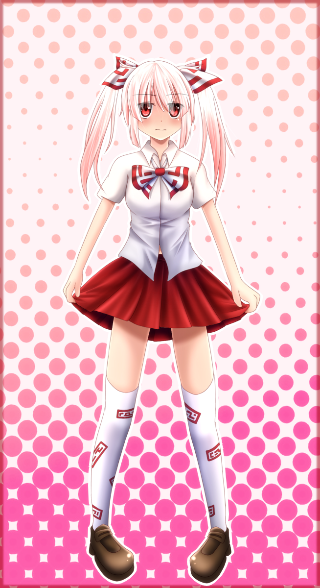 alternate_costume alternate_hairstyle blush dragontaro evandragon fujiwara_no_mokou highres pink_hair school_uniform short_hair skirt solo thigh-highs thighhighs touhou twintails white_legwear