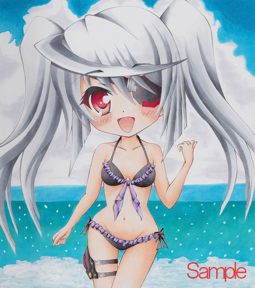 bikini blush breasts chibi cleavage eyepatch frilled_bikini frills front-tie_top infinite_stratos laura_bodewig long_hair munmu navel open_mouth red_eyes sample side-tie_bikini silver_hair skindentation smile swimsuit thigh_gap traditional_media twintails