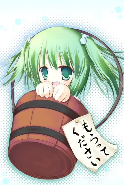 bucket green_eyes green_hair hair_bobbles hair_ornament hasuga_sea in_bucket in_container kisume short_hair solo touhou translated translation_request twintails