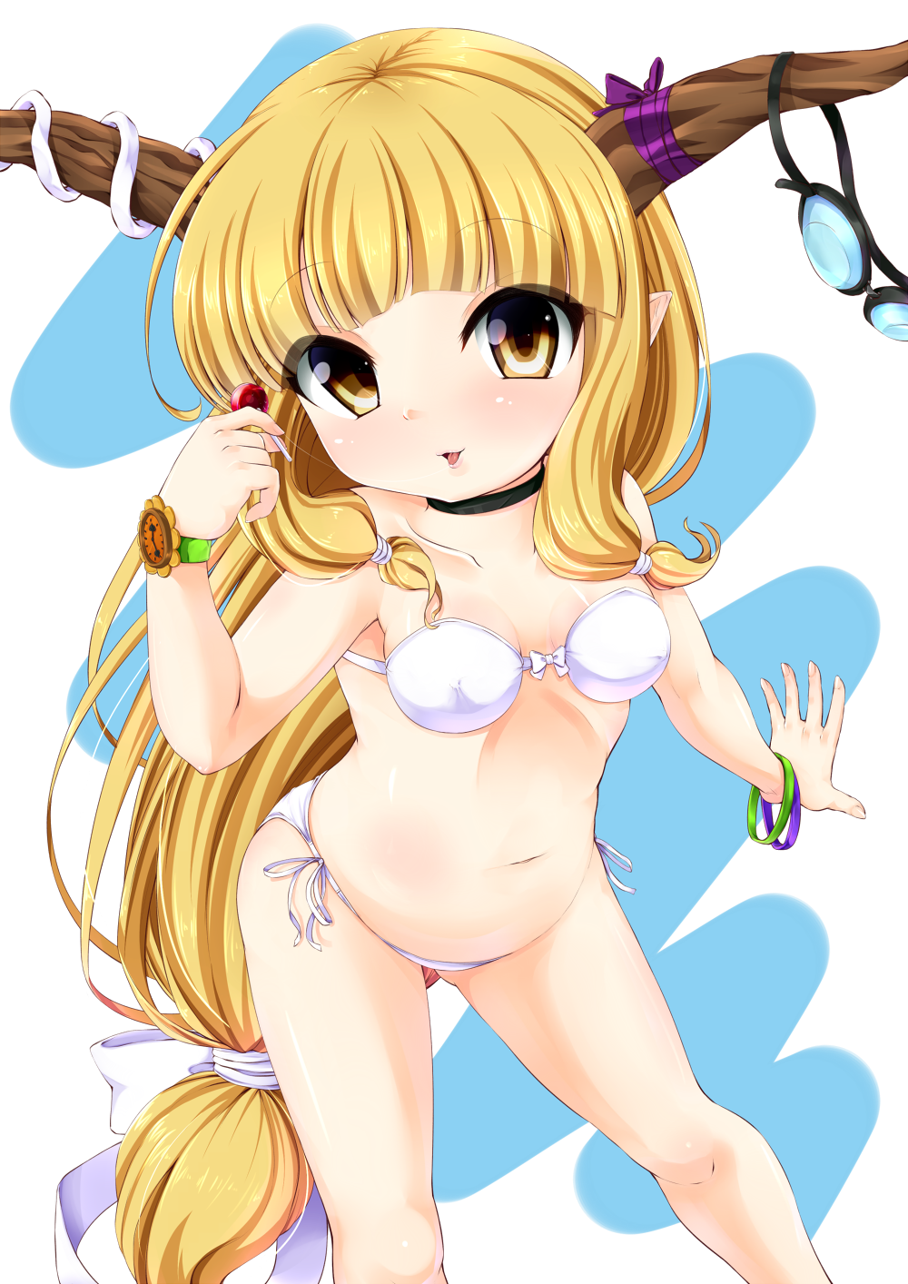 amau_(artist) bikini blonde_hair bracelet candy choker goggles goggles_removed highres horns ibuki_suika jewelry lollipop long_hair solo swimsuit touhou transparent_background watch wristwatch yellow_eyes