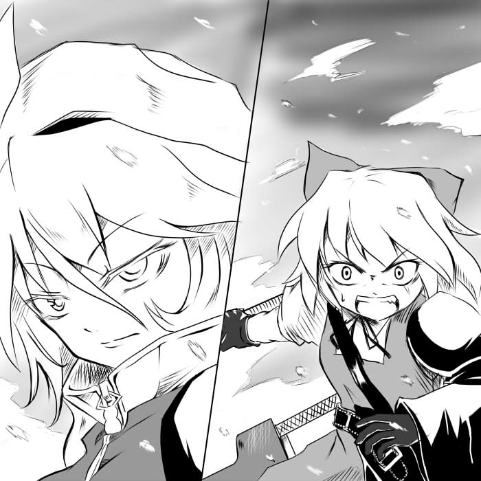 advent_cirno bow cirno hair_bow hat letty_whiterock long_sleeves mizukiri monochrome multiple_girls open_mouth puffy_sleeves short_hair short_sleeves sweatdrop sword touhou weapon
