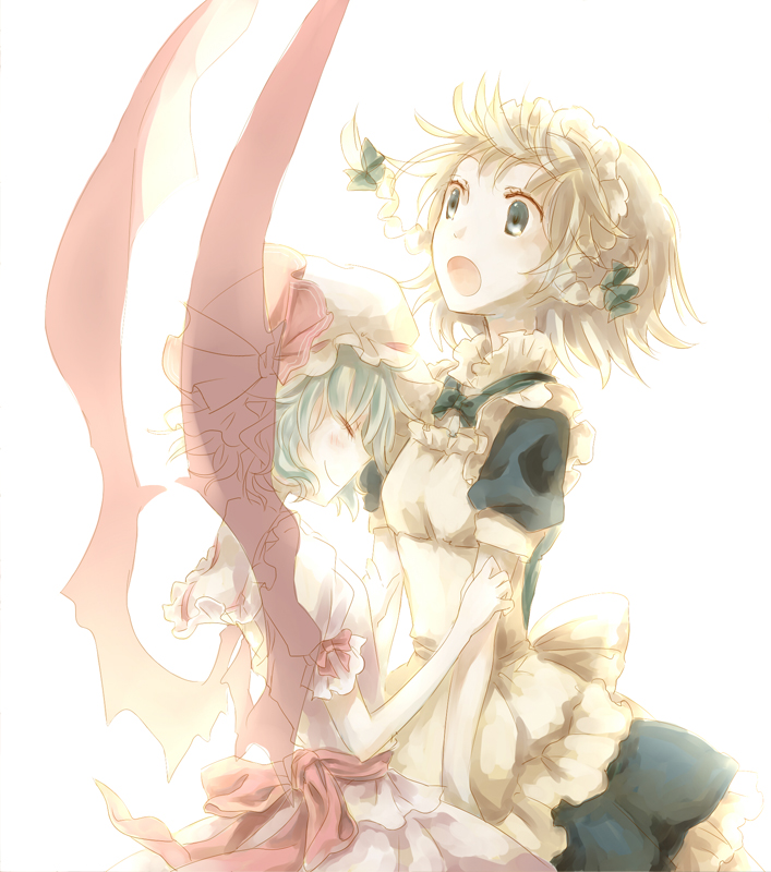 apron bat_wings blue_eyes blue_hair blush bow braid hair_bow hat hat_ribbon izayoi_sakuya maid maid_headdress multiple_girls open_mouth puffy_sleeves remilia_scarlet rias-shiki_kawaii ribbon short_hair short_sleeves silver_hair smile touhou twin_braids wings