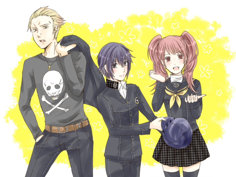 2girls androgynous blonde_hair blue_hair blush bullet cabbie_hat earrings hat houndstooth jacket jacket_over_shoulder jewelry jolly_roger kujikawa_rise long_hair long_sleeves multiple_girls necklace persona persona_4 piercing red_hair redhead reverse_trap scar school_uniform serafuku shirogane_naoto short_hair shouyu_no_otomo skull_and_crossbones tatsumi_kanji wavy_hair