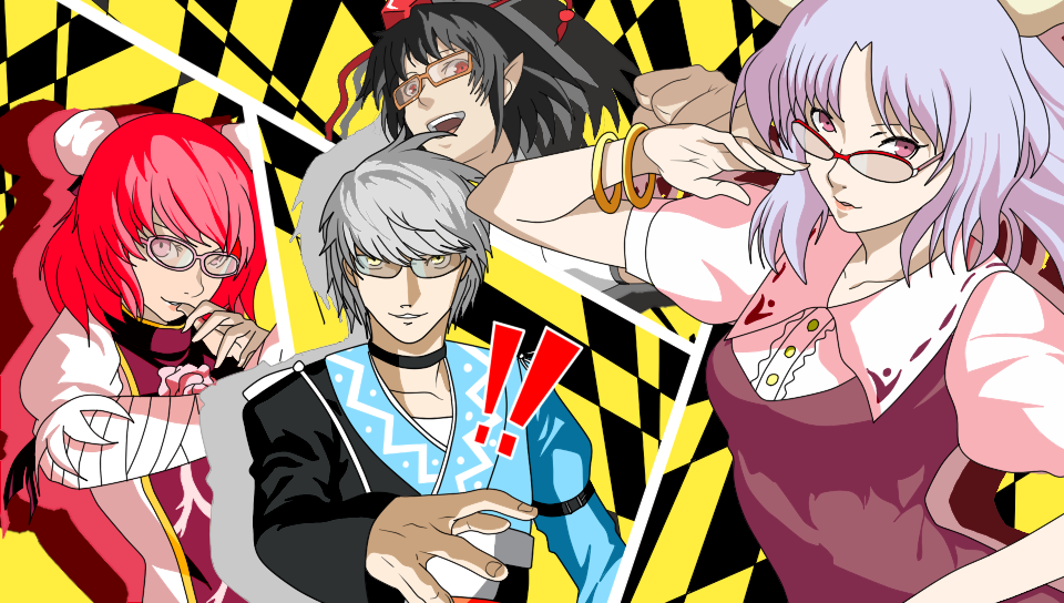 3girls all-out_attack bandage bandages bespectacled black_hair bracelet chinese_clothes choker collarbone double_bun glasses hat ibaraki_kasen jewelry long_hair long_sleeves morichika_rinnosuke multiple_girls nihyaku_kairi open_mouth parody persona persona_4 persona_4_the_golden pink_eyes pointy_ears puffy_sleeves purple_hair red_eyes red_hair redhead shameimaru_aya short_hair short_sleeves silver_hair tokin_hat touhou watatsuki_no_yorihime wide_sleeves yellow_eyes