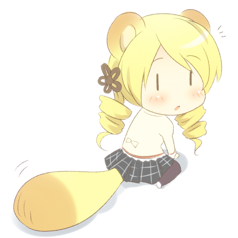 animal_ears blonde_hair blush chibi drill_hair hair_ornament kemonomimi_mode mahou_shoujo_madoka_magica open_mouth raccoon_ears raccoon_tail ran_(9ens2000) skirt solo tail tomoe_mami twintails |_|