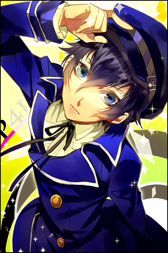 androgynous blue_eyes blue_hair cabbie_hat detective hand_on_hat hat hssno108 looking_at_viewer necktie persona persona_4 reverse_trap shirogane_naoto short_hair solo wavy_hair