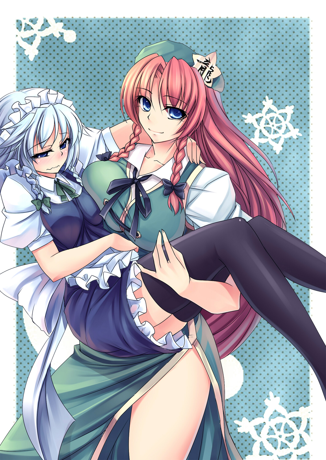 apron beret blue_eyes blush braid breasts carrying china_dress chinese_clothes hair_ribbon hat highres hong_meiling izayoi_sakuya kinntarou large_breasts legs long_hair maid maid_headdress multiple_girls princess_carry red_hair redhead ribbon short_hair silver_hair smile thigh-highs thighhighs touhou twin_braids