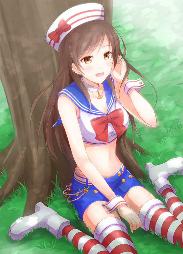 boots brown_eyes brown_hair choker dixie_cup_hat grass hat idolmaster idolmaster_cinderella_girls iincho_(airi8751) long_hair midriff navel nitta_minami sailor_collar shorts sitting solo striped striped_legwear thigh-highs thighhighs tree wariza