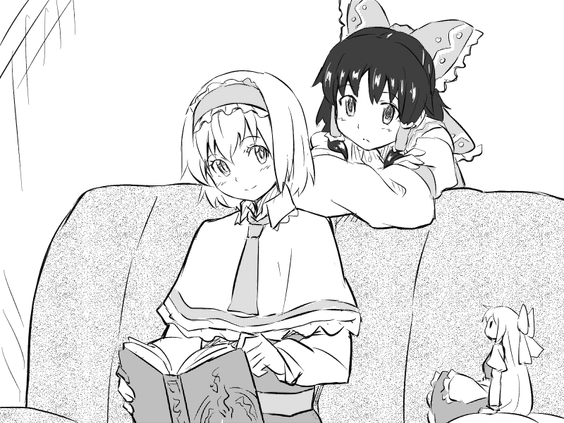 alice_margatroid apron book bow capelet couch crossed_arms detached_sleeves hair_bow hair_tubes hairband hakurei_reimu long_hair long_sleeves monochrome multiple_girls necktie shanghai_doll shiba_murashouji short_hair sitting smile touhou