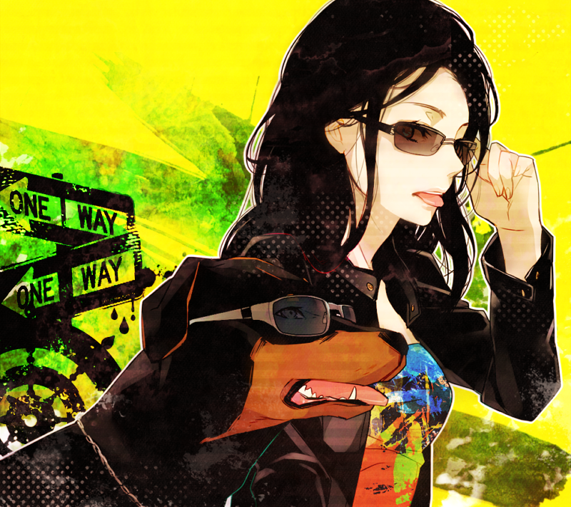 adjusting_glasses animal black_hair dog glasses jacket long_hair original pet road_sign sign solo sunglasses tongue tongue_out zakka_(d-o-t)
