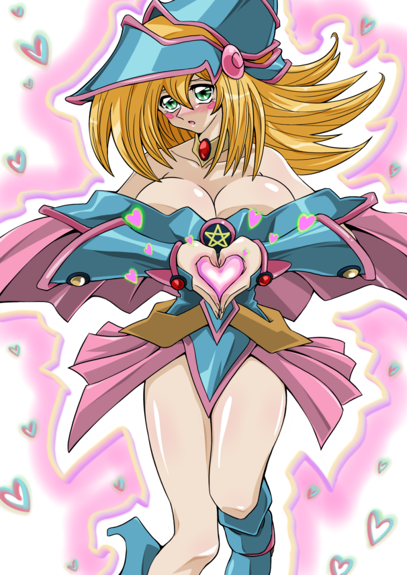 1girl blonde_hair blush blush_stickers breasts choker cleavage dark_magician_girl duel_monster green_eyes hat heart heart_hands large_breasts open_mouth solo straw_(artist) yu-gi-oh! yuu-gi-ou yuu-gi-ou_duel_monsters